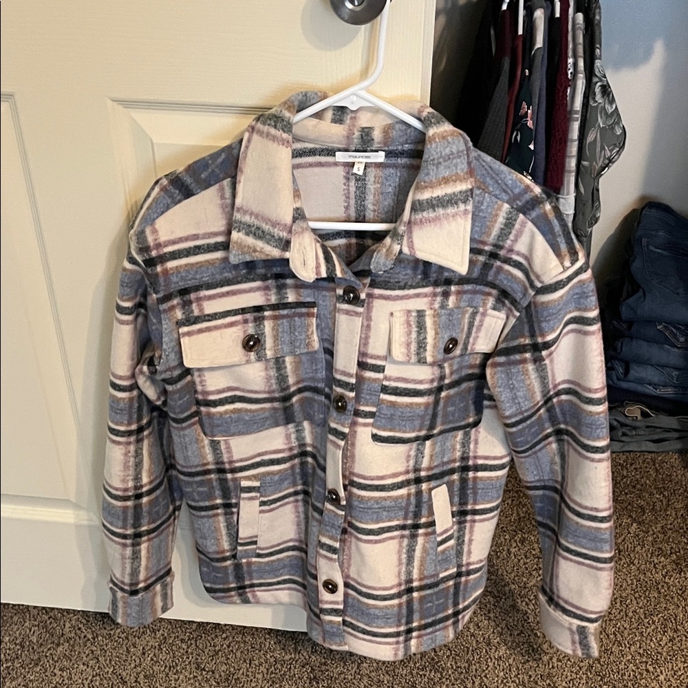 Women’s Plaid Button-Up Shacket - Grey & Cream with purple and pink